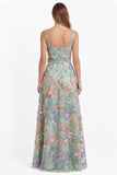 Black Square Neck Floral Embroidered A Line Wedding Guest Dress with Slit
