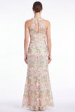 Pink Halter Mermaid Floral Embroidered Wedding Guest Dress