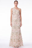 One Shoulder Mermaid Floral Embroidered Pink Wedding Guest Dress