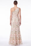 One Shoulder Mermaid Floral Embroidered Pink Wedding Guest Dress