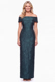 Dark Green Jacquard Off the Shoulder Sheath Formal Dress