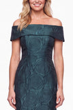 Dark Green Jacquard Off the Shoulder Sheath Formal Dress