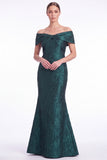 Mermaid Off the Shoulder Jacquard Dark Green Formal Dress