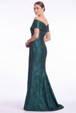 Mermaid Off the Shoulder Jacquard Dark Green Formal Dress