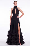 Halter Keyhole Black A Line Pleated Ruffle Formal Dress with Slit