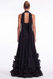 Halter Keyhole Black A Line Pleated Ruffle Formal Dress with Slit