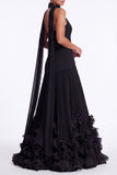 Halter Keyhole Black A Line Pleated Ruffle Formal Dress with Slit