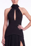 Halter Keyhole Black A Line Pleated Ruffle Formal Dress with Slit