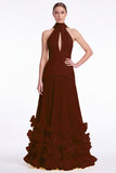 Halter Keyhole Black A Line Pleated Ruffle Formal Dress with Slit