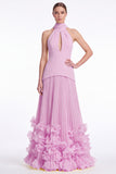 Halter Keyhole Black A Line Pleated Ruffle Formal Dress with Slit
