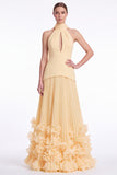 Halter Keyhole Black A Line Pleated Ruffle Formal Dress with Slit