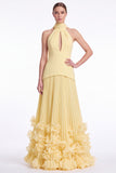 Halter Keyhole Black A Line Pleated Ruffle Formal Dress with Slit