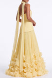 Halter Keyhole Black A Line Pleated Ruffle Formal Dress with Slit