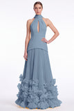 Halter Keyhole Black A Line Pleated Ruffle Formal Dress with Slit