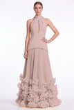 Halter Keyhole Black A Line Pleated Ruffle Formal Dress with Slit