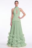 Halter Keyhole Black A Line Pleated Ruffle Formal Dress with Slit