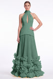 Halter Keyhole Black A Line Pleated Ruffle Formal Dress with Slit