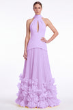 Halter Keyhole Black A Line Pleated Ruffle Formal Dress with Slit