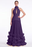 Halter Keyhole Black A Line Pleated Ruffle Formal Dress with Slit