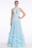 Halter Keyhole Black A Line Pleated Ruffle Formal Dress with Slit