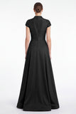 Dark Navy Beaded A Line V Neck Mother of the Bride Dress with Cap Sleeves