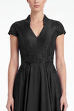 Dark Navy Beaded A Line V Neck Mother of the Bride Dress with Cap Sleeves