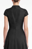 Dark Navy Beaded A Line V Neck Mother of the Bride Dress with Cap Sleeves