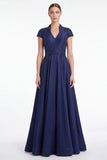 Dark Navy Beaded A Line V Neck Mother of the Bride Dress with Cap Sleeves
