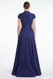 Dark Navy Beaded A Line V Neck Mother of the Bride Dress with Cap Sleeves