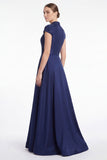 Dark Navy Beaded A Line V Neck Mother of the Bride Dress with Cap Sleeves