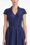 Dark Navy Beaded A Line V Neck Mother of the Bride Dress with Cap Sleeves