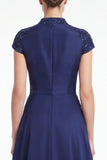 Dark Navy Beaded A Line V Neck Mother of the Bride Dress with Cap Sleeves