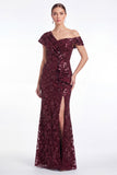 Burgundy Sequin Appliqued Mermaid Asymmetrical Neck Mother of the Bride Dress