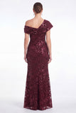 Burgundy Sequin Appliqued Mermaid Asymmetrical Neck Mother of the Bride Dress