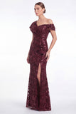 Burgundy Sequin Appliqued Mermaid Asymmetrical Neck Mother of the Bride Dress