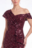 Burgundy Sequin Appliqued Mermaid Asymmetrical Neck Mother of the Bride Dress