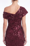 Burgundy Sequin Appliqued Mermaid Asymmetrical Neck Mother of the Bride Dress