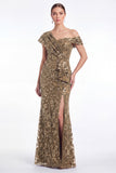 Burgundy Sequin Appliqued Mermaid Asymmetrical Neck Mother of the Bride Dress