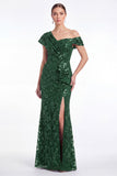 Burgundy Sequin Appliqued Mermaid Asymmetrical Neck Mother of the Bride Dress
