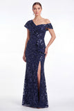 Burgundy Sequin Appliqued Mermaid Asymmetrical Neck Mother of the Bride Dress
