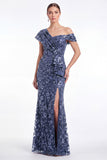 Burgundy Sequin Appliqued Mermaid Asymmetrical Neck Mother of the Bride Dress