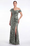 Burgundy Sequin Appliqued Mermaid Asymmetrical Neck Mother of the Bride Dress