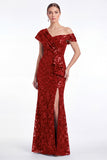 Burgundy Sequin Appliqued Mermaid Asymmetrical Neck Mother of the Bride Dress