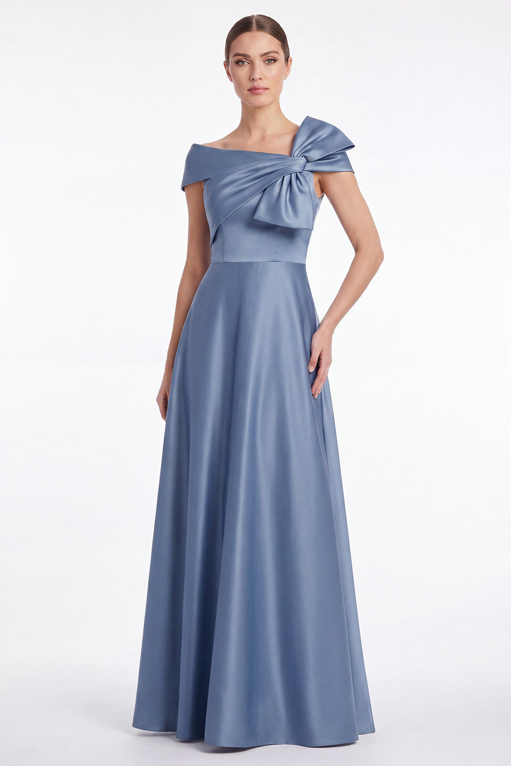 Wedtrend Women Elegant Dusty Blue Satin Mother of the Bride Dress A Line Asymmetrical Neck Wedding Guest Dress with Bow, Dusty Blue / US16
