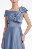 Elegant Dusty Blue Satin Asymmetrical Neck A Line Mother of the Bride Dress