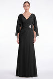 Sage Chiffon V Neck Mother of the Bride Dress with Cape Sleeevs