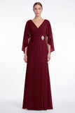 Sage Chiffon V Neck Mother of the Bride Dress with Cape Sleeevs