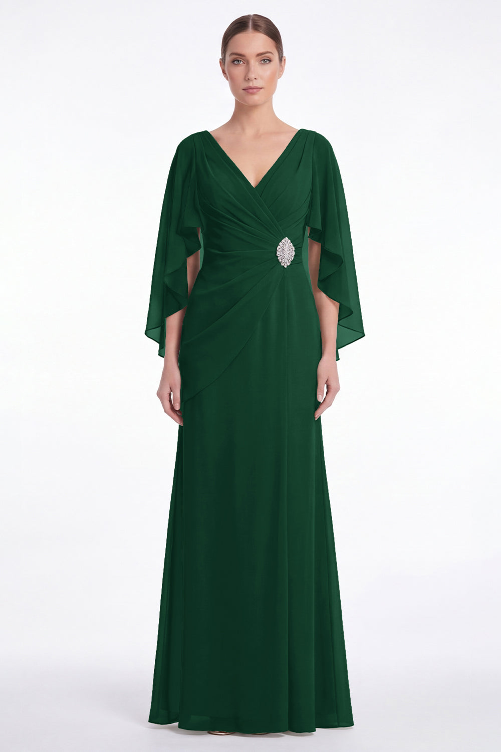 Wedtrend Women Sage Chiffon Mother of the Bride Dress V Neck Rhinestone Long Wedding Guest Dress with Cape Sleeves, Dark Green / US16W