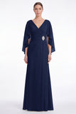 Sage Chiffon V Neck Mother of the Bride Dress with Cape Sleeevs