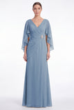 Sage Chiffon V Neck Mother of the Bride Dress with Cape Sleeevs